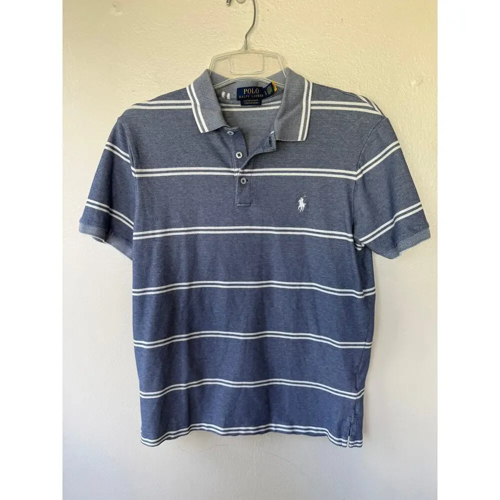 Polo Ralph Lauren Men’s L Custom Slim Fit Stretch Mesh Blue Striped Polo Shirt